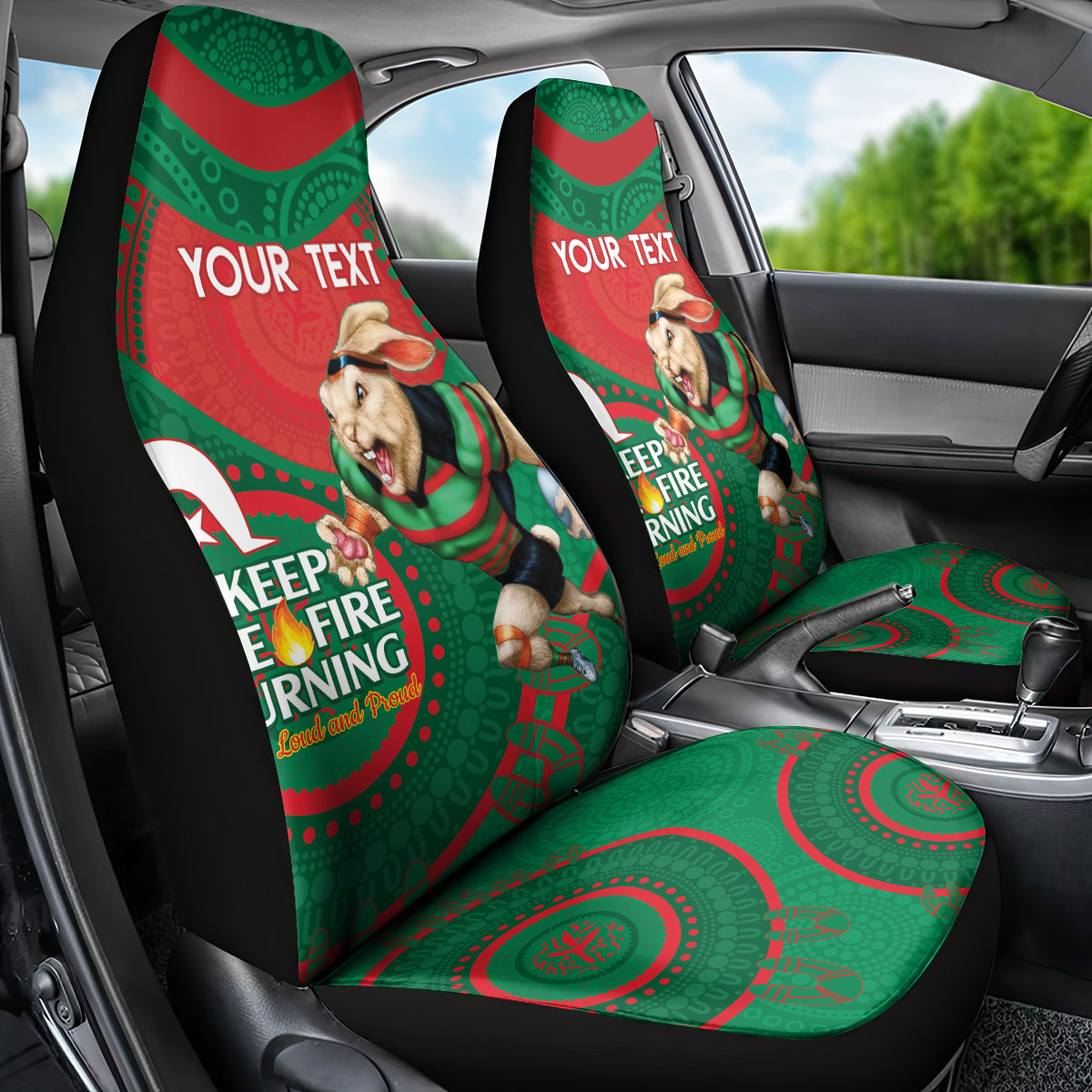 Custom NRL Rabbitohs NAIDOC Week Car Seat Cover Keep The Fire Burning Indigenous Art