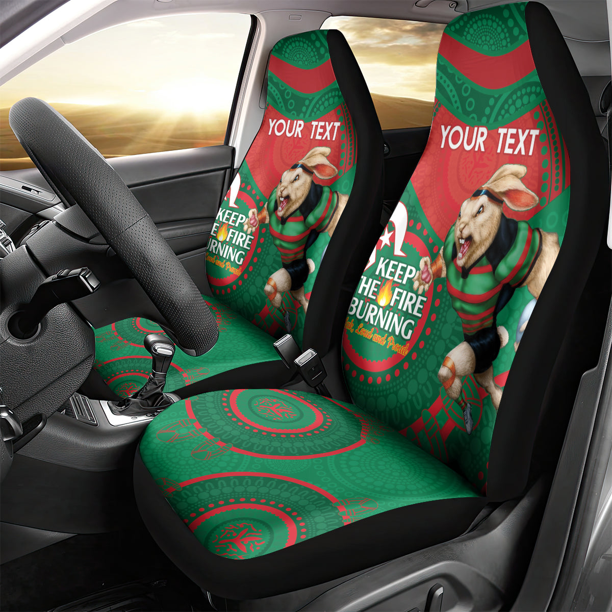 Custom NRL Rabbitohs NAIDOC Week Car Seat Cover Keep The Fire Burning Indigenous Art