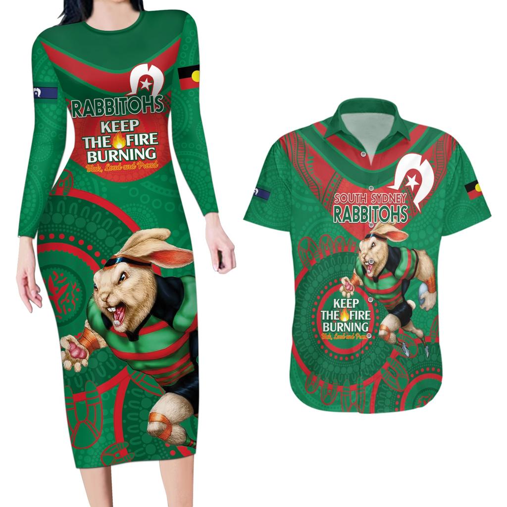 Custom NRL Rabbitohs NAIDOC Week Couples Matching Long Sleeve Bodycon Dress and Hawaiian Shirt Keep The Fire Burning Indigenous Art