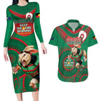 Custom NRL Rabbitohs NAIDOC Week Couples Matching Long Sleeve Bodycon Dress and Hawaiian Shirt Keep The Fire Burning Indigenous Art