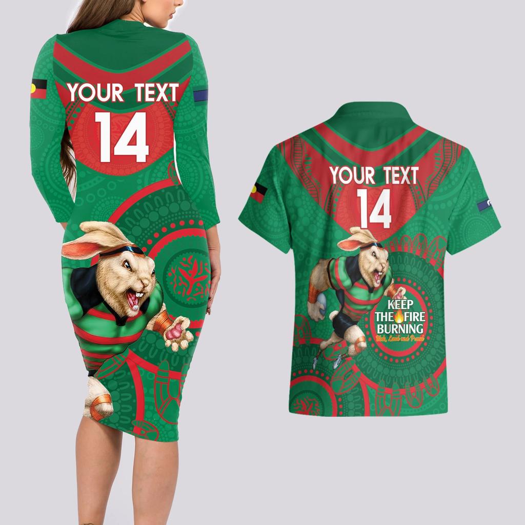 Custom NRL Rabbitohs NAIDOC Week Couples Matching Long Sleeve Bodycon Dress and Hawaiian Shirt Keep The Fire Burning Indigenous Art