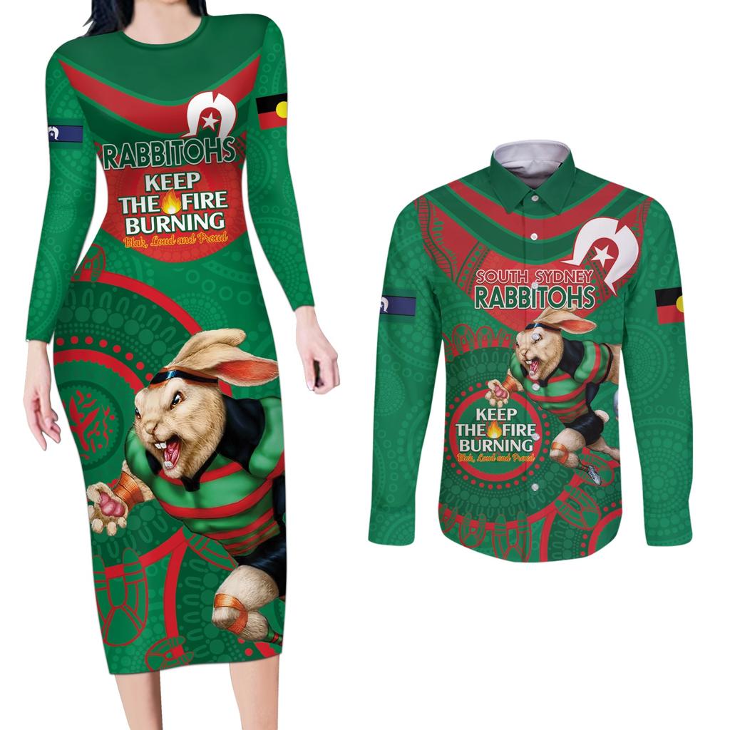 Custom NRL Rabbitohs NAIDOC Week Couples Matching Long Sleeve Bodycon Dress and Long Sleeve Button Shirt Keep The Fire Burning Indigenous Art