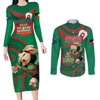 Custom NRL Rabbitohs NAIDOC Week Couples Matching Long Sleeve Bodycon Dress and Long Sleeve Button Shirt Keep The Fire Burning Indigenous Art