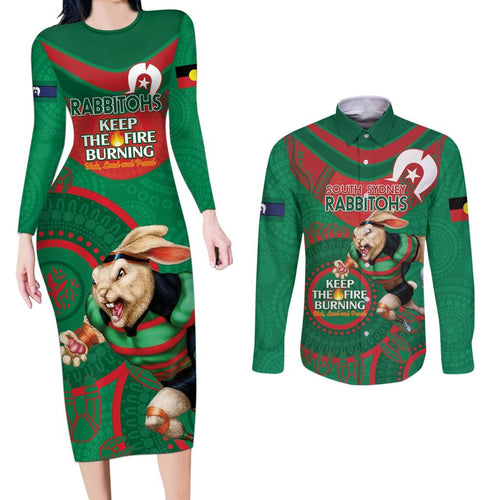Custom NRL Rabbitohs NAIDOC Week Couples Matching Long Sleeve Bodycon Dress and Long Sleeve Button Shirt Keep The Fire Burning Indigenous Art