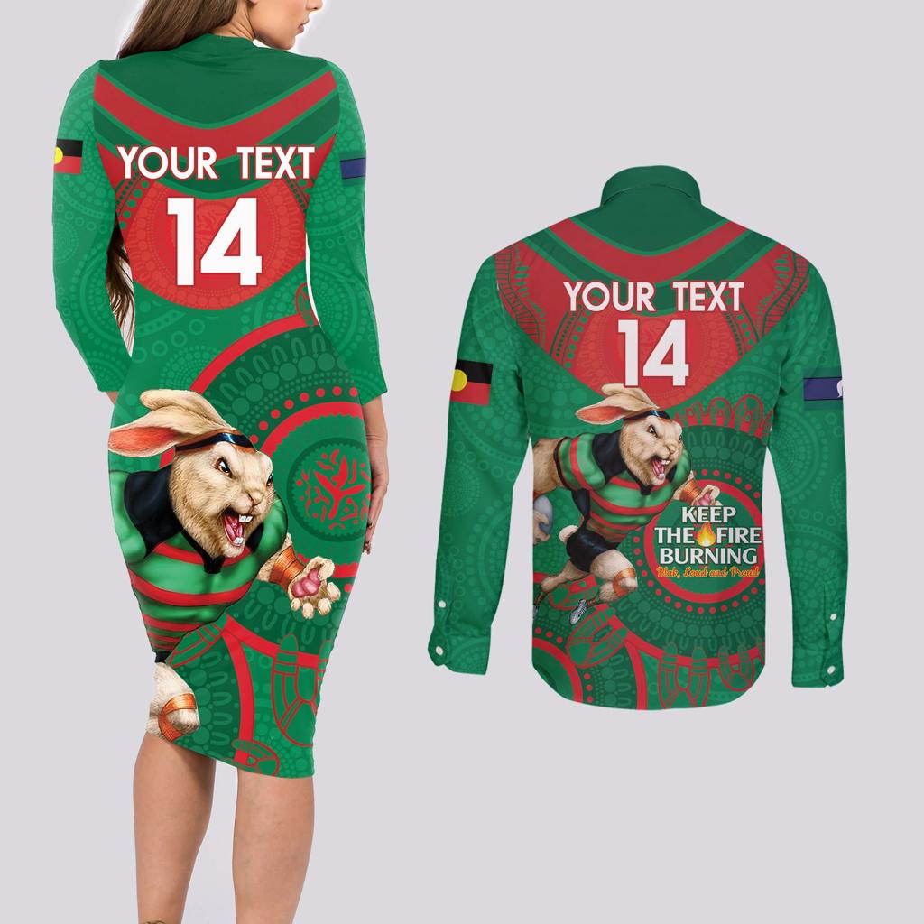 Custom NRL Rabbitohs NAIDOC Week Couples Matching Long Sleeve Bodycon Dress and Long Sleeve Button Shirt Keep The Fire Burning Indigenous Art