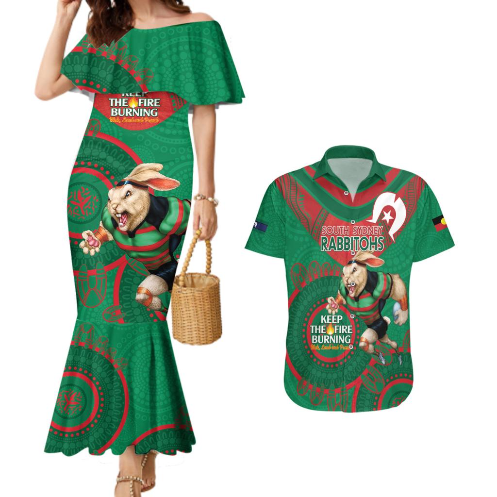 Custom NRL Rabbitohs NAIDOC Week Couples Matching Mermaid Dress and Hawaiian Shirt Keep The Fire Burning Indigenous Art