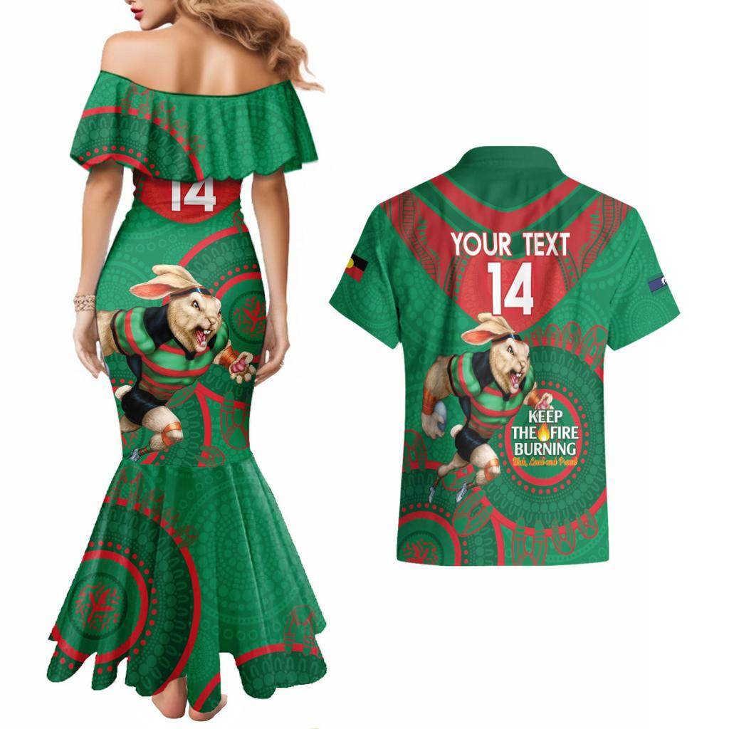 Custom NRL Rabbitohs NAIDOC Week Couples Matching Mermaid Dress and Hawaiian Shirt Keep The Fire Burning Indigenous Art