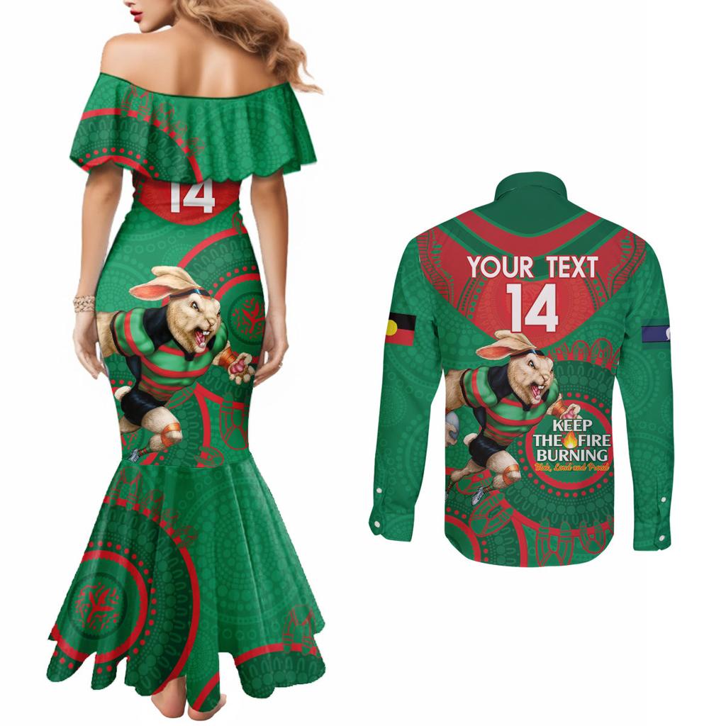 Custom NRL Rabbitohs NAIDOC Week Couples Matching Mermaid Dress and Long Sleeve Button Shirt Keep The Fire Burning Indigenous Art