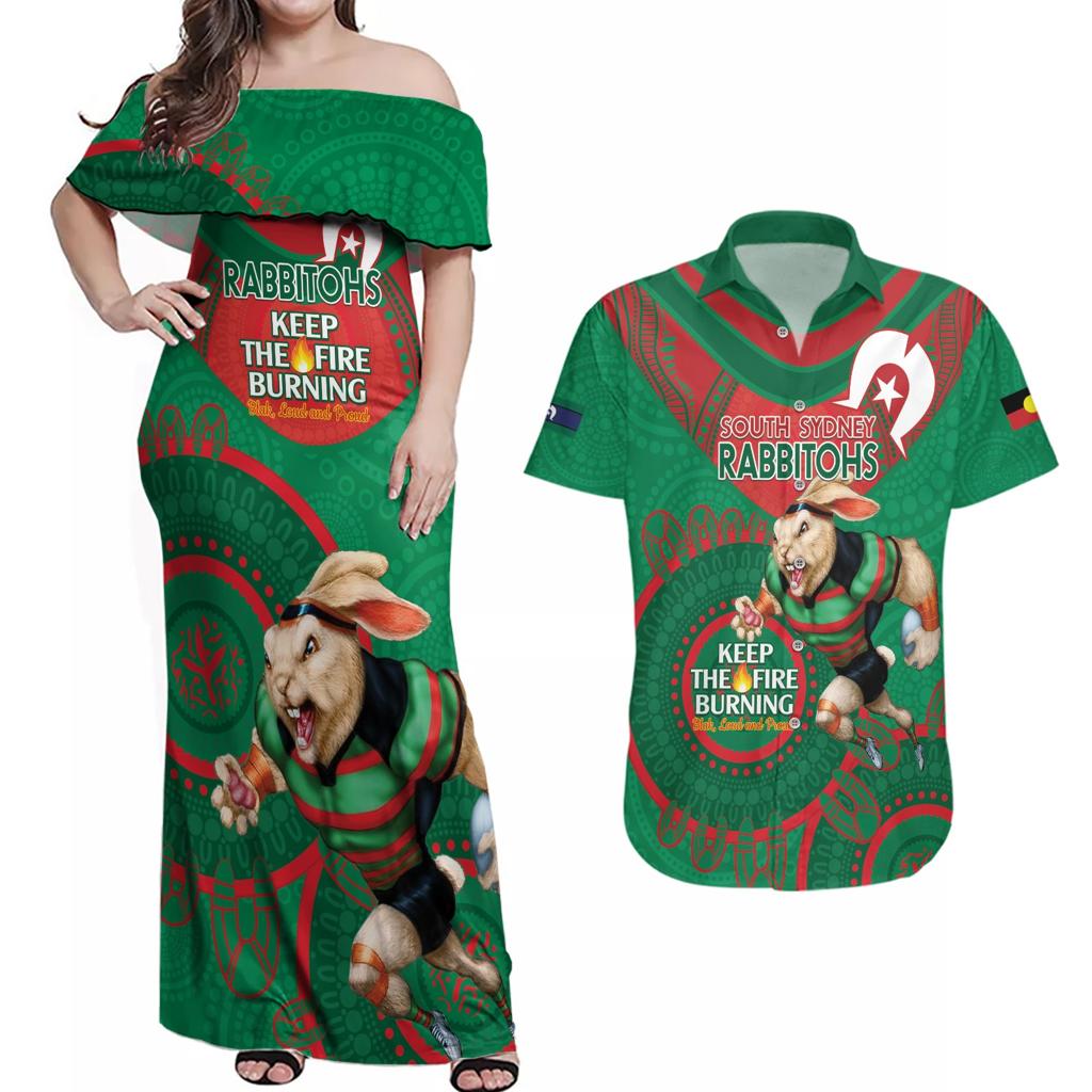 Custom NRL Rabbitohs NAIDOC Week Couples Matching Off Shoulder Maxi Dress and Hawaiian Shirt Keep The Fire Burning Indigenous Art