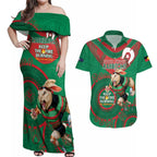Custom NRL Rabbitohs NAIDOC Week Couples Matching Off Shoulder Maxi Dress and Hawaiian Shirt Keep The Fire Burning Indigenous Art