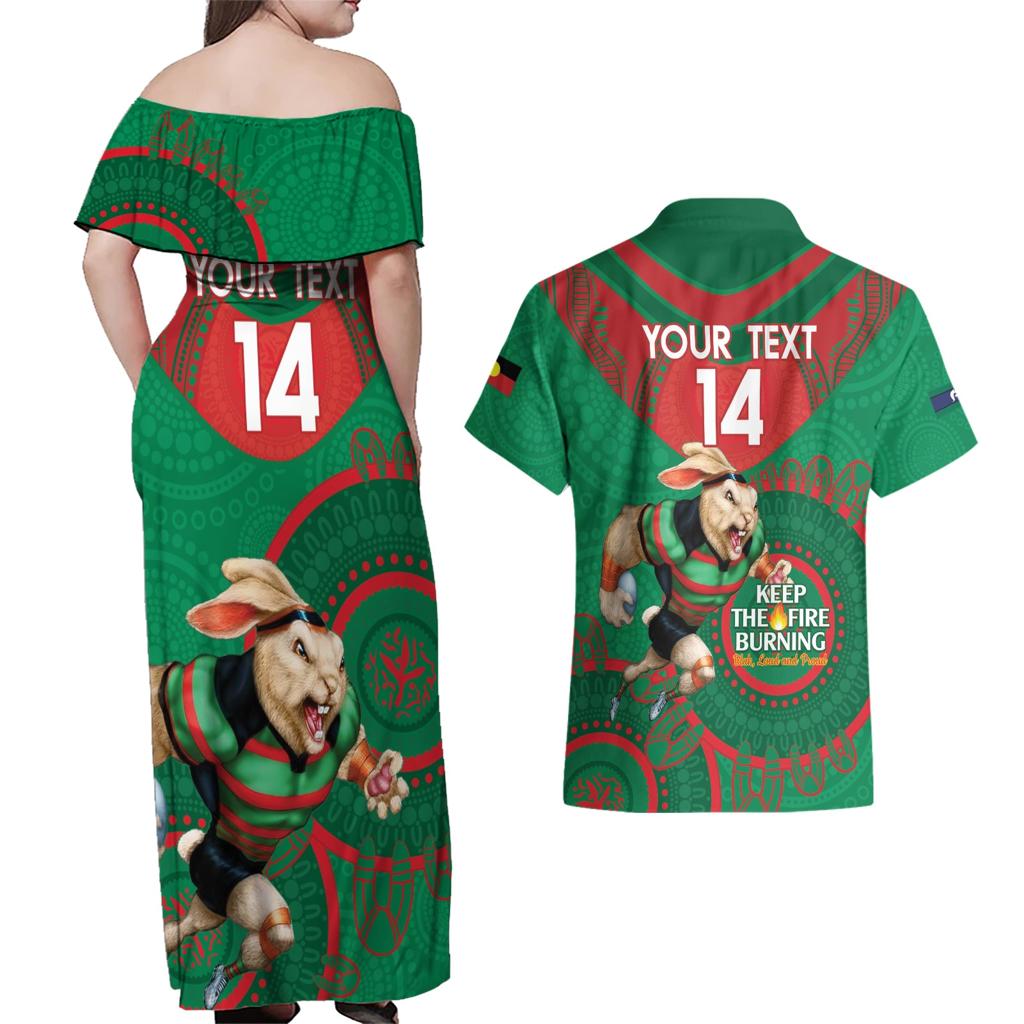 Custom NRL Rabbitohs NAIDOC Week Couples Matching Off Shoulder Maxi Dress and Hawaiian Shirt Keep The Fire Burning Indigenous Art