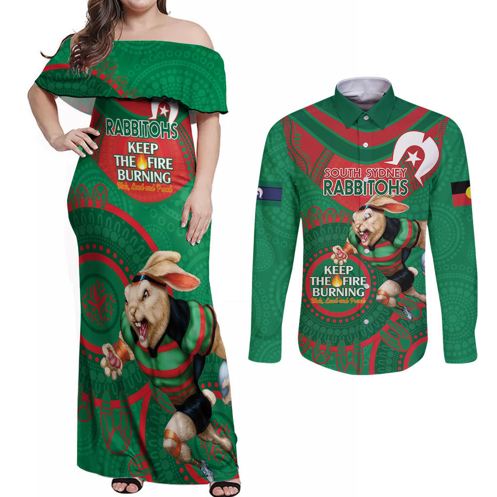 Custom NRL Rabbitohs NAIDOC Week Couples Matching Off Shoulder Maxi Dress and Long Sleeve Button Shirt Keep The Fire Burning Indigenous Art