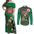 Custom NRL Rabbitohs NAIDOC Week Couples Matching Off Shoulder Maxi Dress and Long Sleeve Button Shirt Keep The Fire Burning Indigenous Art