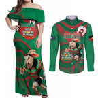 Custom NRL Rabbitohs NAIDOC Week Couples Matching Off Shoulder Maxi Dress and Long Sleeve Button Shirt Keep The Fire Burning Indigenous Art