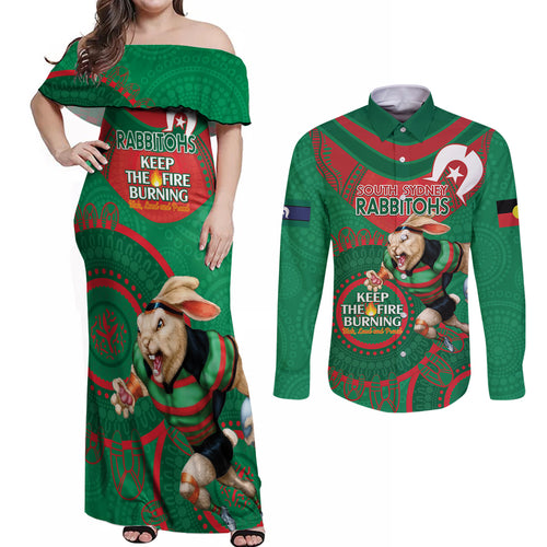 Custom NRL Rabbitohs NAIDOC Week Couples Matching Off Shoulder Maxi Dress and Long Sleeve Button Shirt Keep The Fire Burning Indigenous Art