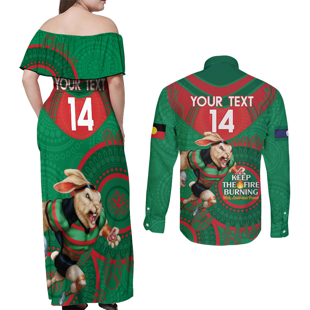 Custom NRL Rabbitohs NAIDOC Week Couples Matching Off Shoulder Maxi Dress and Long Sleeve Button Shirt Keep The Fire Burning Indigenous Art