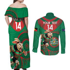 Custom NRL Rabbitohs NAIDOC Week Couples Matching Off Shoulder Maxi Dress and Long Sleeve Button Shirt Keep The Fire Burning Indigenous Art