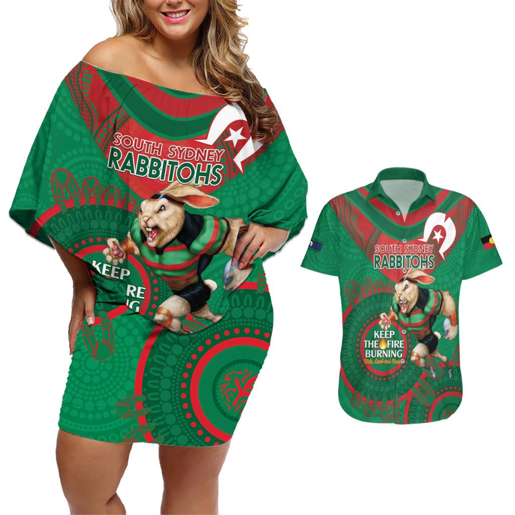Custom NRL Rabbitohs NAIDOC Week Couples Matching Off Shoulder Short Dress and Hawaiian Shirt Keep The Fire Burning Indigenous Art