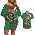 Custom NRL Rabbitohs NAIDOC Week Couples Matching Off Shoulder Short Dress and Hawaiian Shirt Keep The Fire Burning Indigenous Art