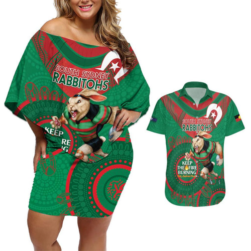 Custom NRL Rabbitohs NAIDOC Week Couples Matching Off Shoulder Short Dress and Hawaiian Shirt Keep The Fire Burning Indigenous Art