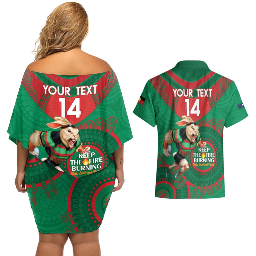 Custom NRL Rabbitohs NAIDOC Week Couples Matching Off Shoulder Short Dress and Hawaiian Shirt Keep The Fire Burning Indigenous Art