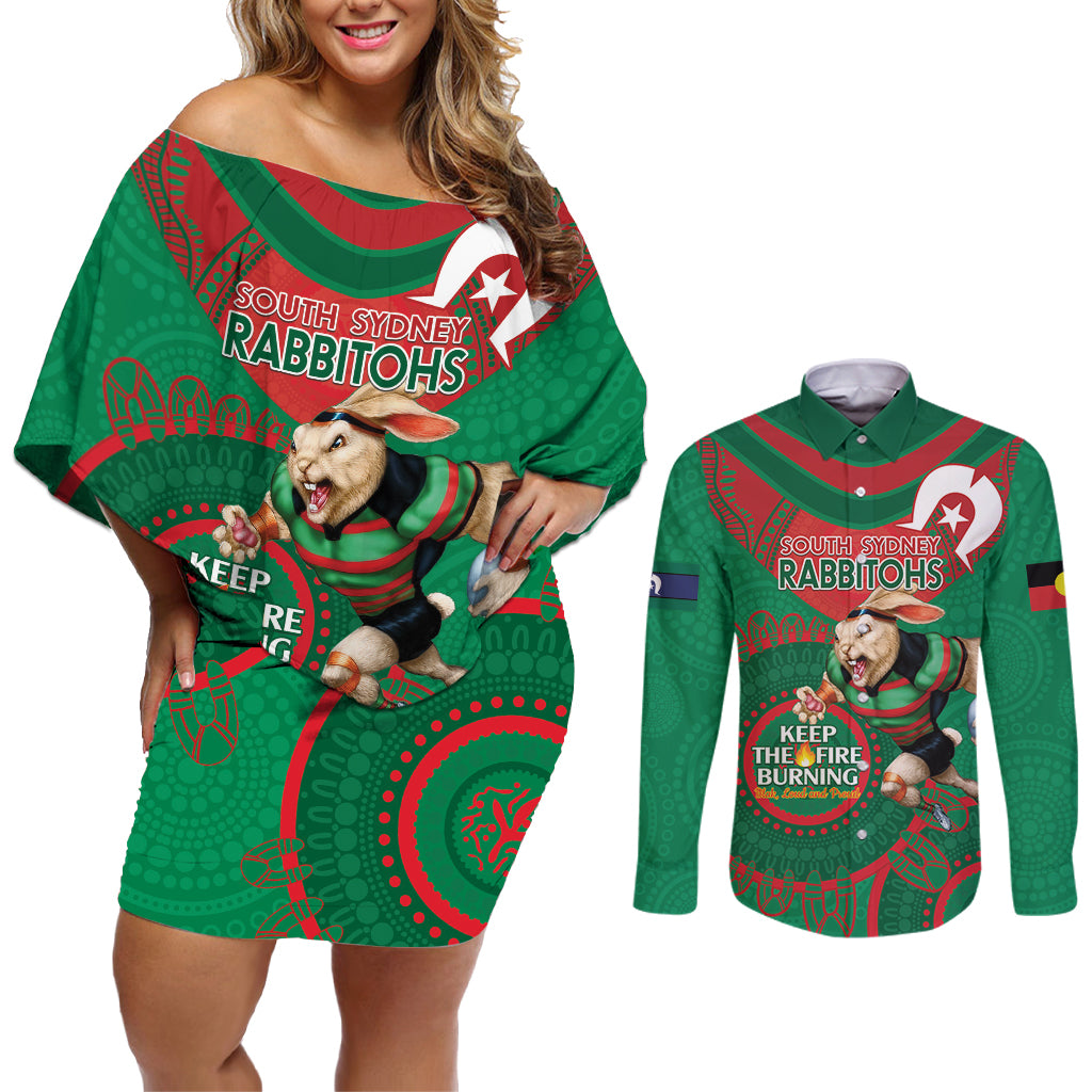 Custom NRL Rabbitohs NAIDOC Week Couples Matching Off Shoulder Short Dress and Long Sleeve Button Shirt Keep The Fire Burning Indigenous Art