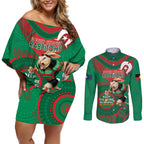 Custom NRL Rabbitohs NAIDOC Week Couples Matching Off Shoulder Short Dress and Long Sleeve Button Shirt Keep The Fire Burning Indigenous Art