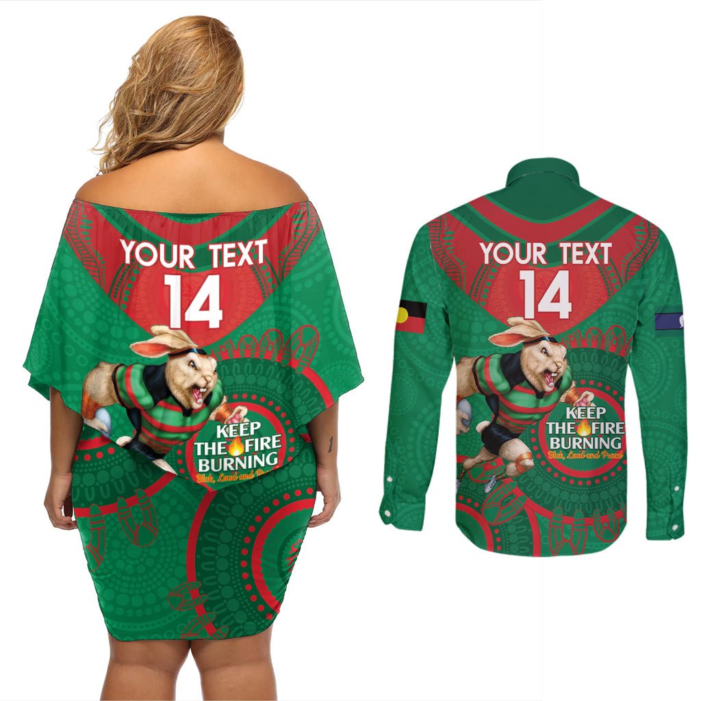 Custom NRL Rabbitohs NAIDOC Week Couples Matching Off Shoulder Short Dress and Long Sleeve Button Shirt Keep The Fire Burning Indigenous Art