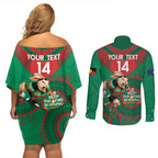 Custom NRL Rabbitohs NAIDOC Week Couples Matching Off Shoulder Short Dress and Long Sleeve Button Shirt Keep The Fire Burning Indigenous Art