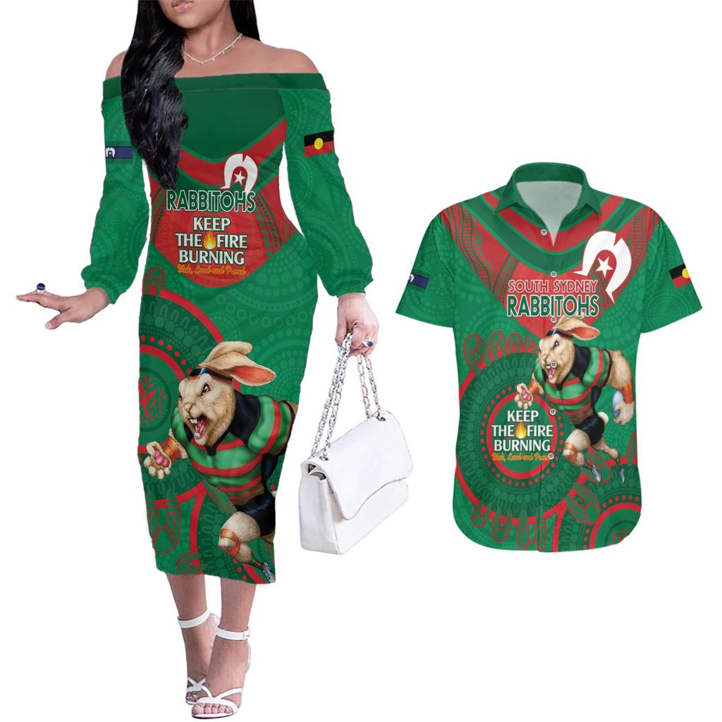 Custom NRL Rabbitohs NAIDOC Week Couples Matching Off The Shoulder Long Sleeve Dress and Hawaiian Shirt Keep The Fire Burning Indigenous Art