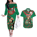 Custom NRL Rabbitohs NAIDOC Week Couples Matching Off The Shoulder Long Sleeve Dress and Hawaiian Shirt Keep The Fire Burning Indigenous Art