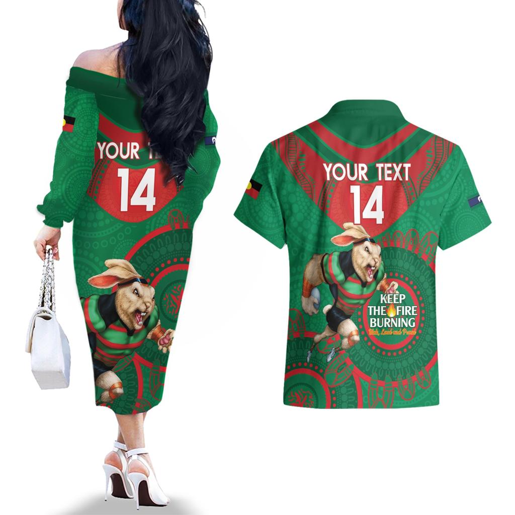 Custom NRL Rabbitohs NAIDOC Week Couples Matching Off The Shoulder Long Sleeve Dress and Hawaiian Shirt Keep The Fire Burning Indigenous Art