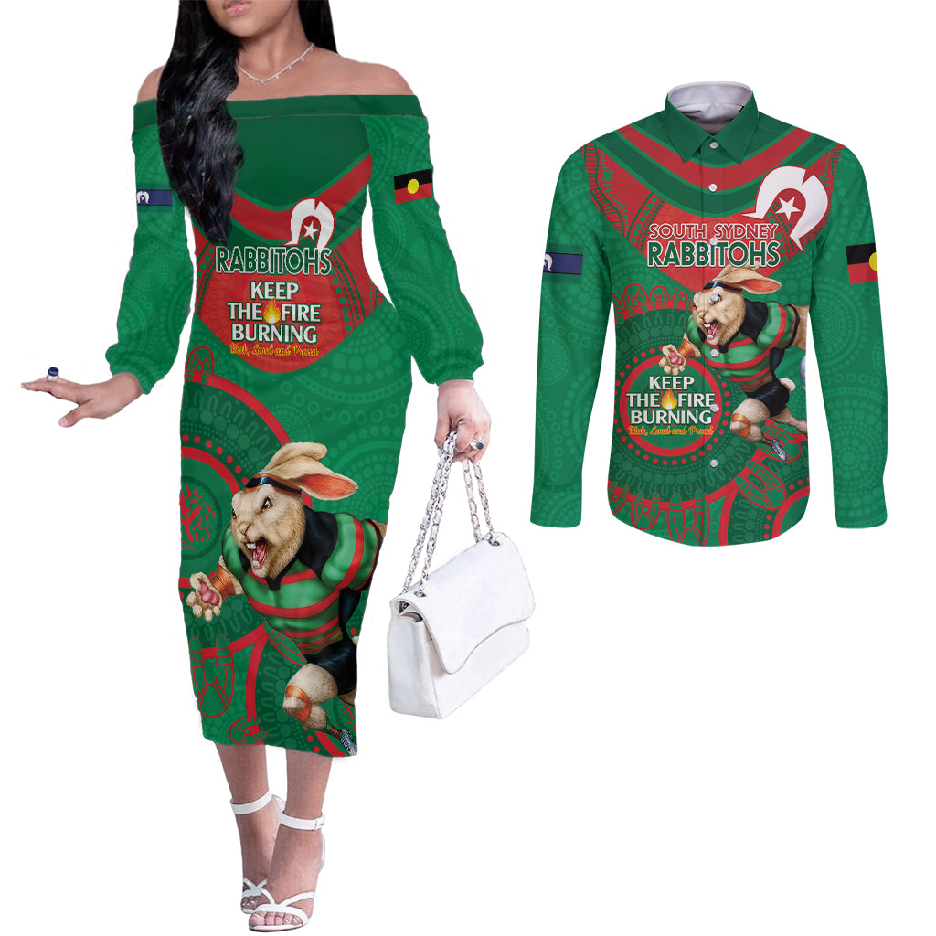 Custom NRL Rabbitohs NAIDOC Week Couples Matching Off The Shoulder Long Sleeve Dress and Long Sleeve Button Shirt Keep The Fire Burning Indigenous Art