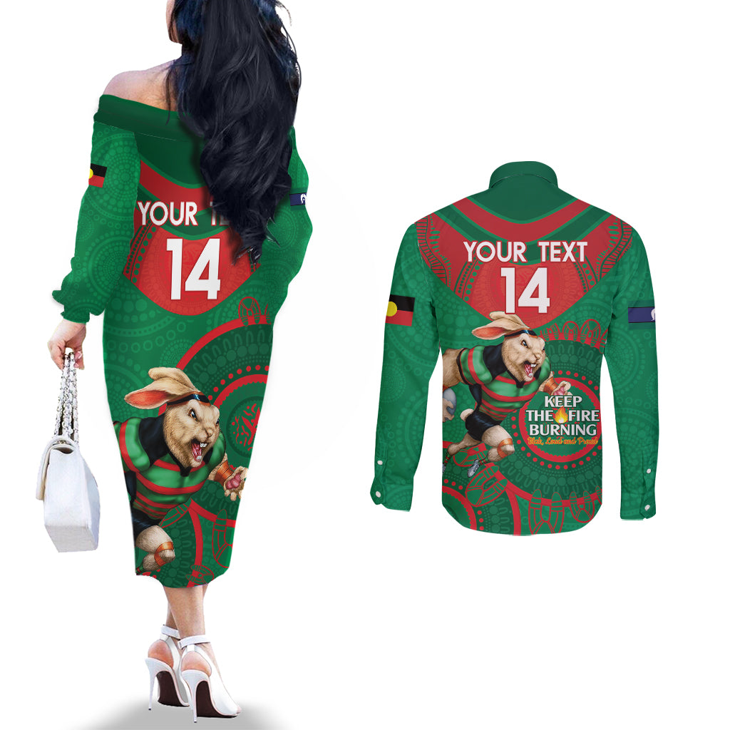 Custom NRL Rabbitohs NAIDOC Week Couples Matching Off The Shoulder Long Sleeve Dress and Long Sleeve Button Shirt Keep The Fire Burning Indigenous Art