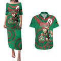 Custom NRL Rabbitohs NAIDOC Week Couples Matching Puletasi and Hawaiian Shirt Keep The Fire Burning Indigenous Art