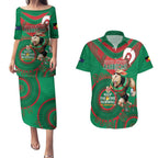 Custom NRL Rabbitohs NAIDOC Week Couples Matching Puletasi and Hawaiian Shirt Keep The Fire Burning Indigenous Art