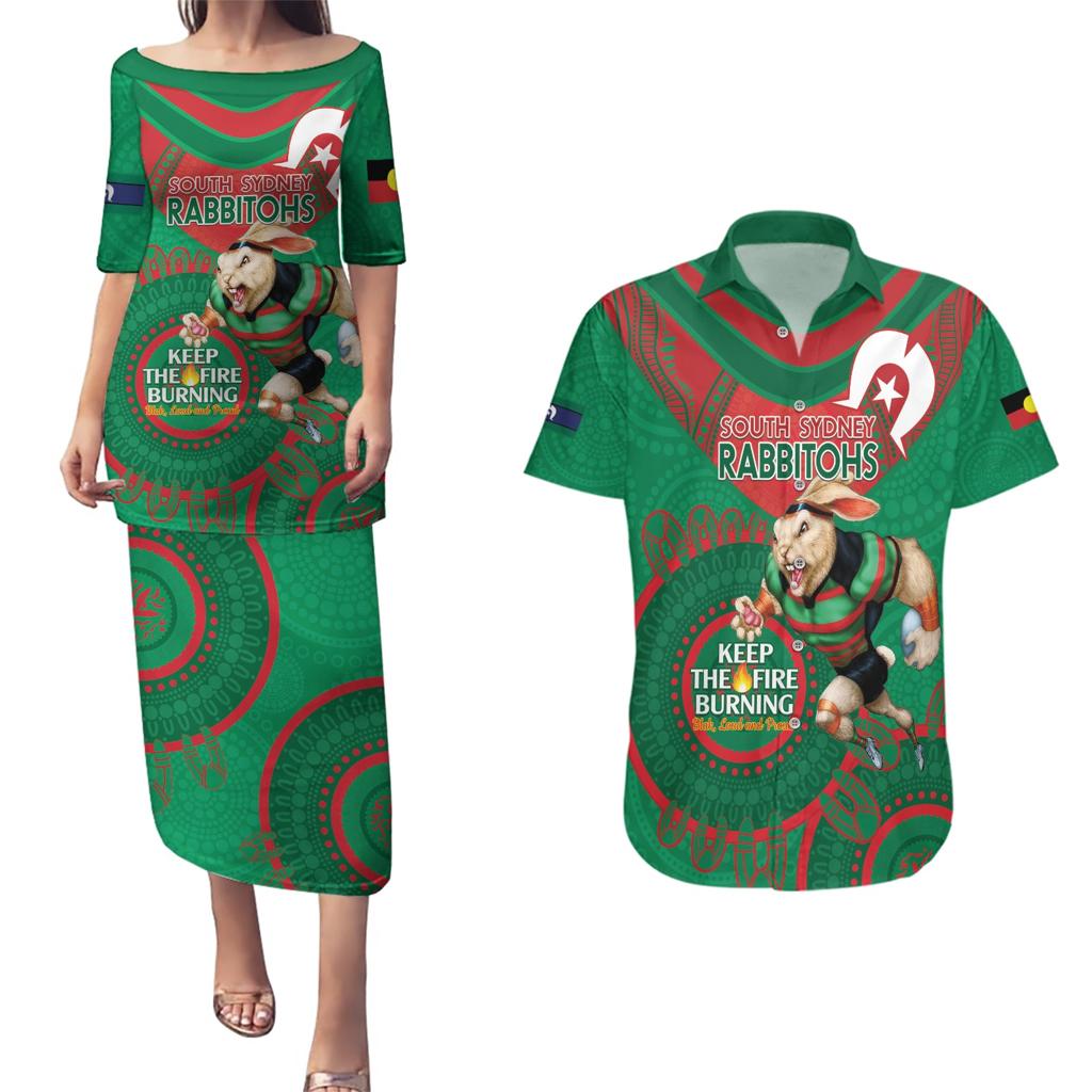 Custom NRL Rabbitohs NAIDOC Week Couples Matching Puletasi and Hawaiian Shirt Keep The Fire Burning Indigenous Art