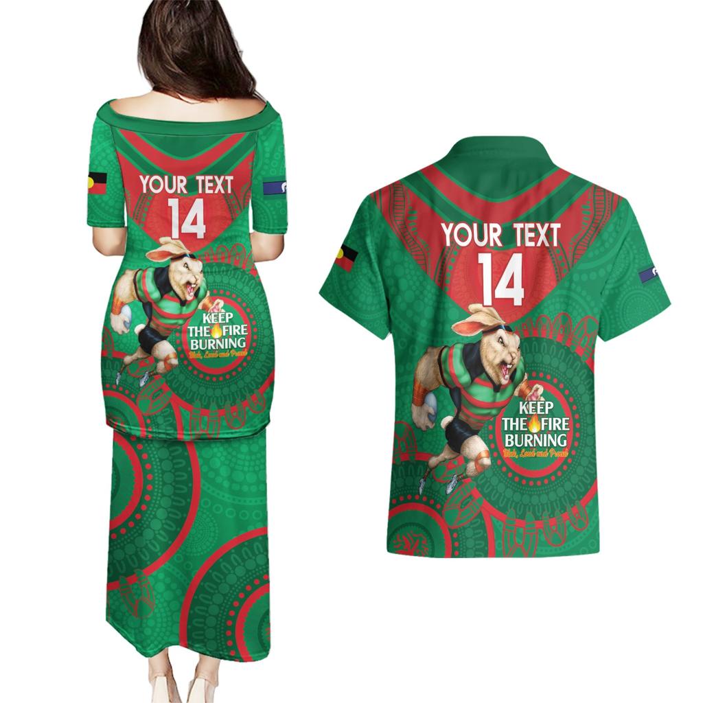 Custom NRL Rabbitohs NAIDOC Week Couples Matching Puletasi and Hawaiian Shirt Keep The Fire Burning Indigenous Art