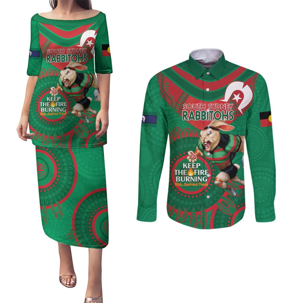 Custom NRL Rabbitohs NAIDOC Week Couples Matching Puletasi and Long Sleeve Button Shirt Keep The Fire Burning Indigenous Art