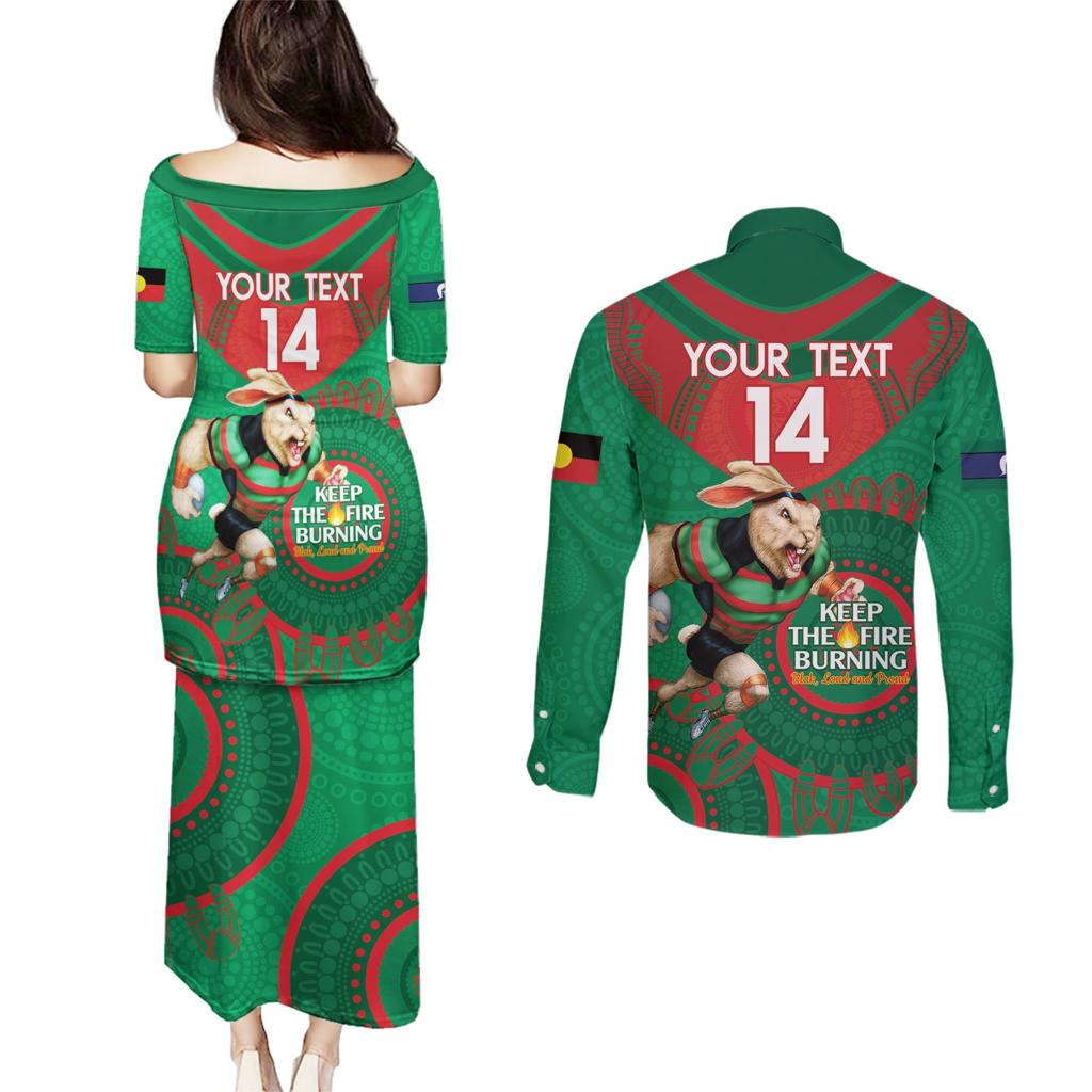 Custom NRL Rabbitohs NAIDOC Week Couples Matching Puletasi and Long Sleeve Button Shirt Keep The Fire Burning Indigenous Art