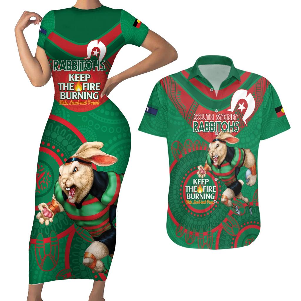 Custom NRL Rabbitohs NAIDOC Week Couples Matching Short Sleeve Bodycon Dress and Hawaiian Shirt Keep The Fire Burning Indigenous Art