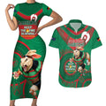Custom NRL Rabbitohs NAIDOC Week Couples Matching Short Sleeve Bodycon Dress and Hawaiian Shirt Keep The Fire Burning Indigenous Art