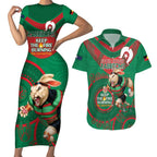 Custom NRL Rabbitohs NAIDOC Week Couples Matching Short Sleeve Bodycon Dress and Hawaiian Shirt Keep The Fire Burning Indigenous Art