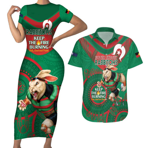 Custom NRL Rabbitohs NAIDOC Week Couples Matching Short Sleeve Bodycon Dress and Hawaiian Shirt Keep The Fire Burning Indigenous Art