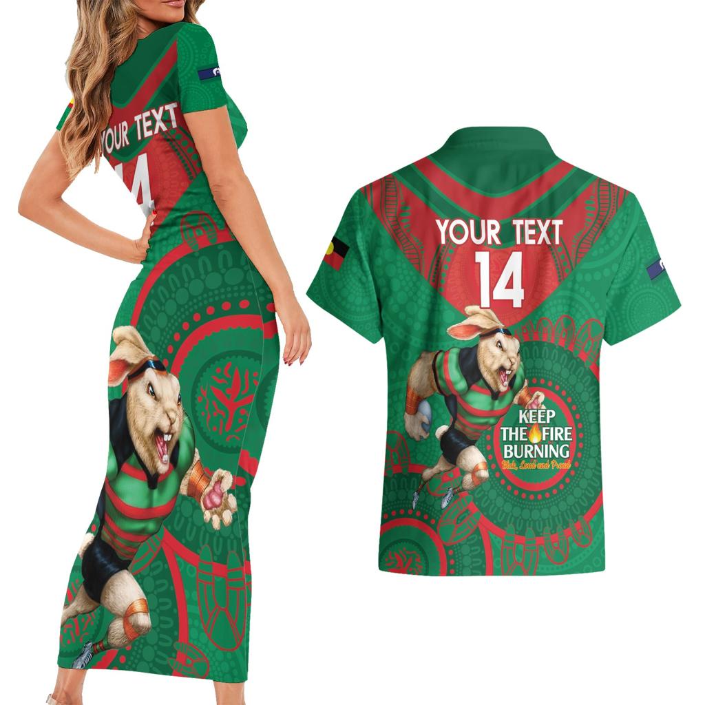 Custom NRL Rabbitohs NAIDOC Week Couples Matching Short Sleeve Bodycon Dress and Hawaiian Shirt Keep The Fire Burning Indigenous Art
