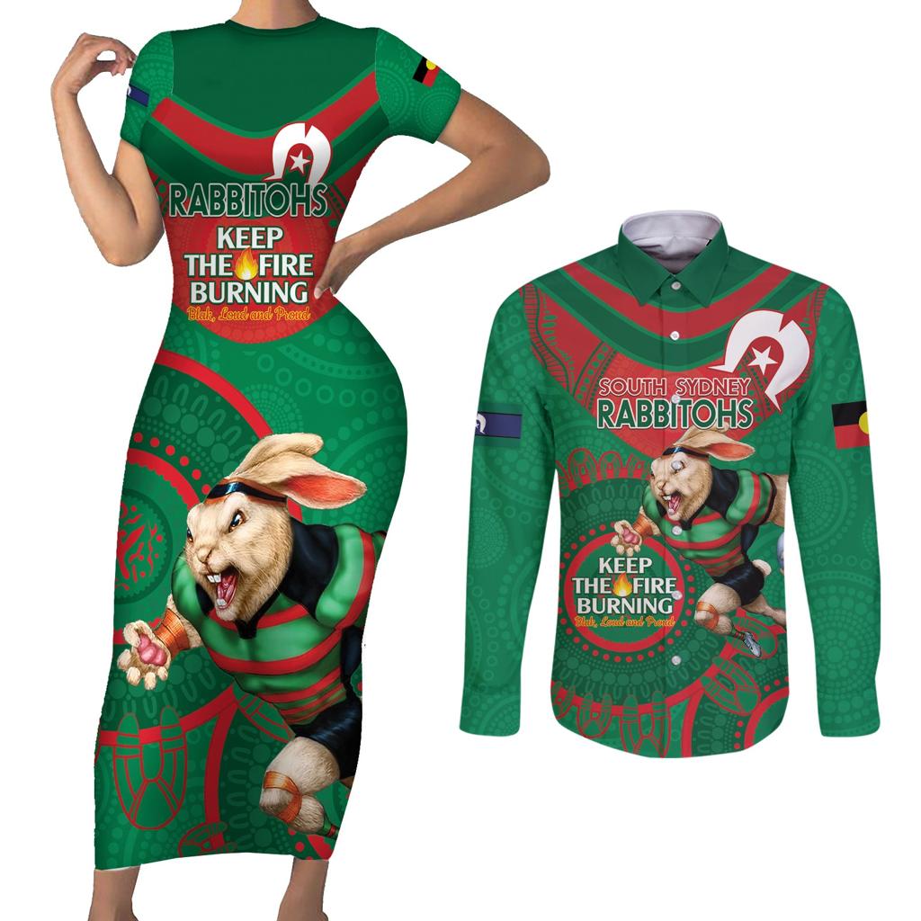 Custom NRL Rabbitohs NAIDOC Week Couples Matching Short Sleeve Bodycon Dress and Long Sleeve Button Shirt Keep The Fire Burning Indigenous Art