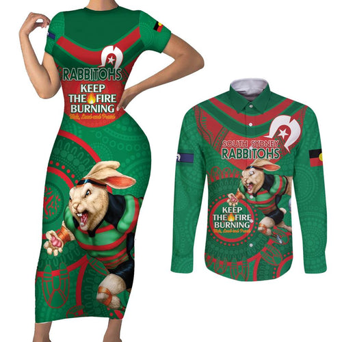 Custom NRL Rabbitohs NAIDOC Week Couples Matching Short Sleeve Bodycon Dress and Long Sleeve Button Shirt Keep The Fire Burning Indigenous Art