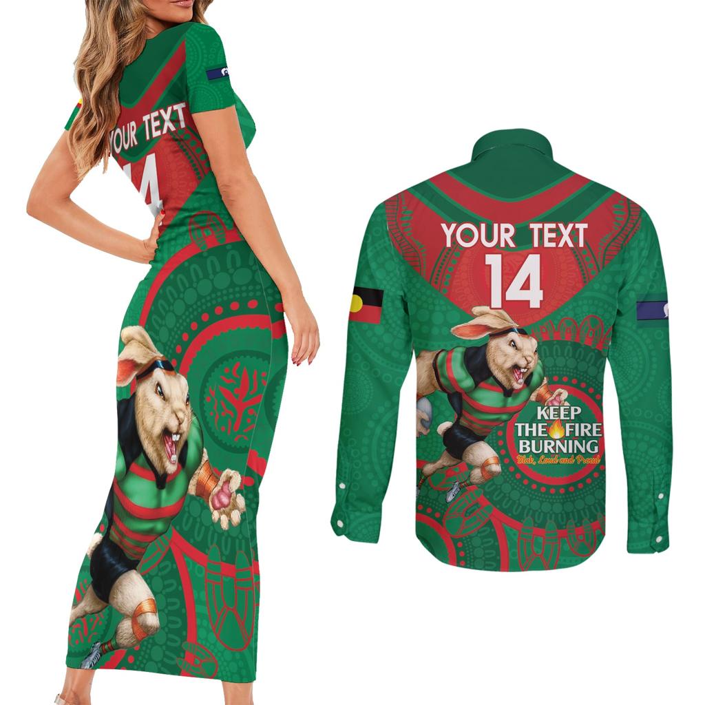 Custom NRL Rabbitohs NAIDOC Week Couples Matching Short Sleeve Bodycon Dress and Long Sleeve Button Shirt Keep The Fire Burning Indigenous Art