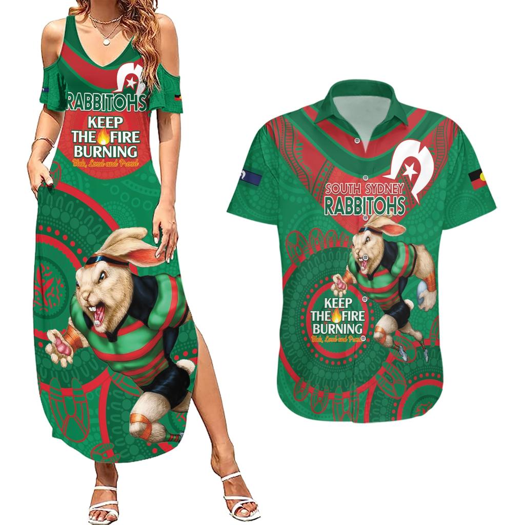 Custom NRL Rabbitohs NAIDOC Week Couples Matching Summer Maxi Dress and Hawaiian Shirt Keep The Fire Burning Indigenous Art