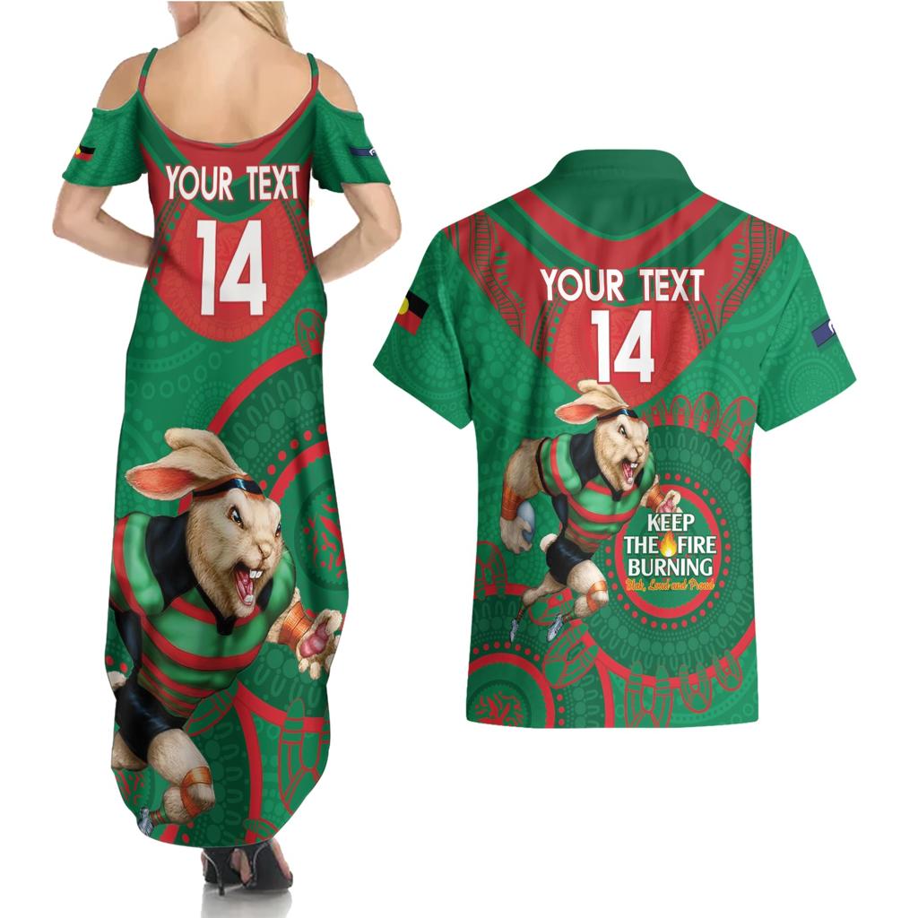 Custom NRL Rabbitohs NAIDOC Week Couples Matching Summer Maxi Dress and Hawaiian Shirt Keep The Fire Burning Indigenous Art